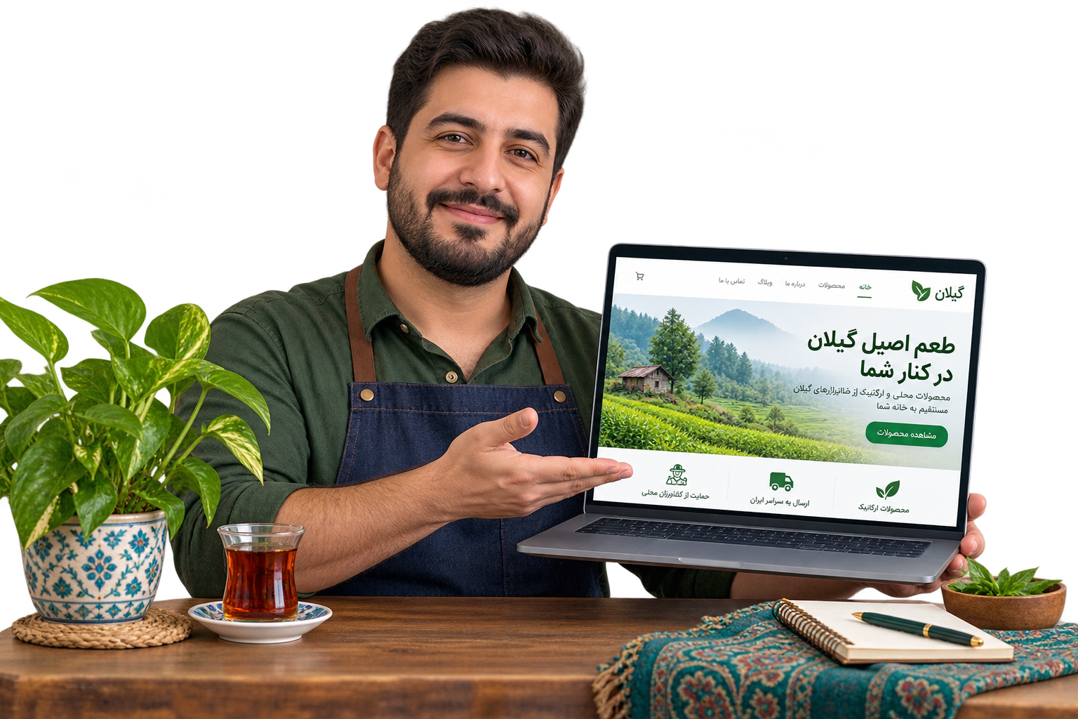 صاحب کسب‌وکار کنار نمایش وب‌سایت فارسی آماده معرفی خدمات