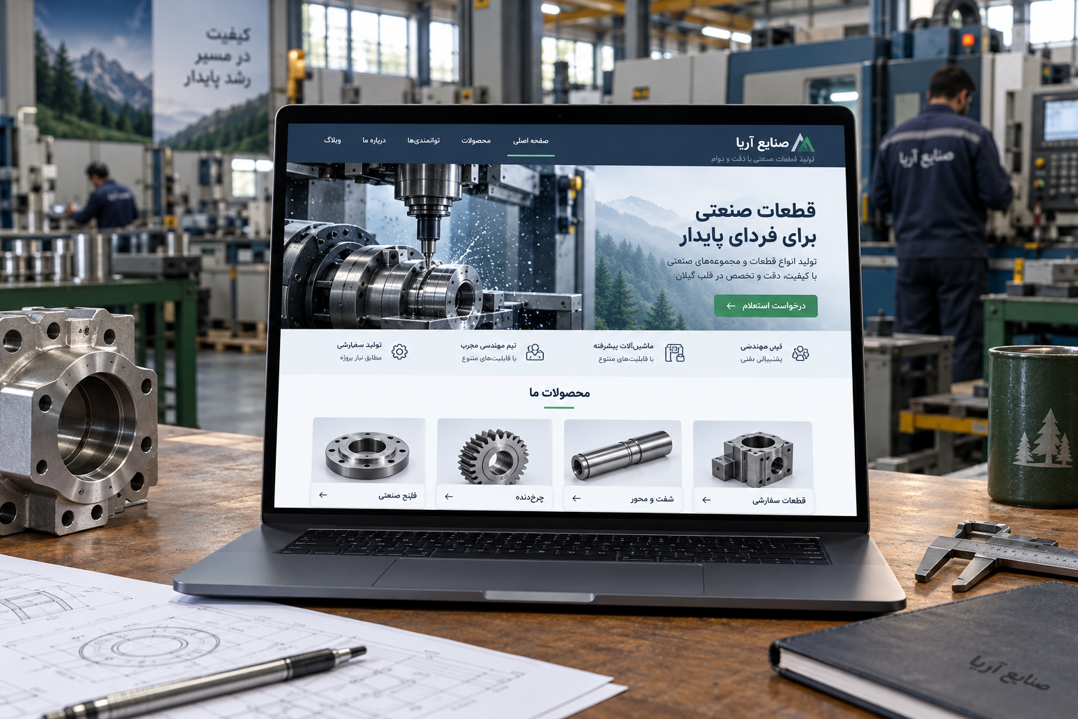 سمپل موکاپ لپ‌تاپ فارسی سایت صنایع آریا